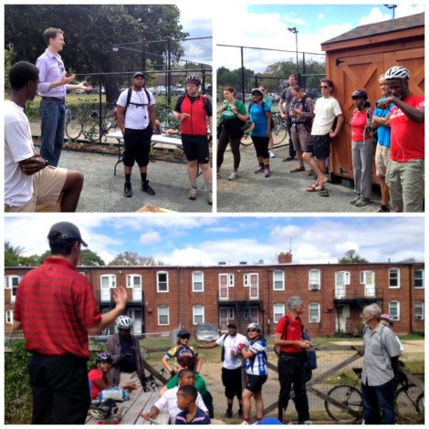 Top: Charles Allen, Chief of Staff Ward 6 Councilman's office, kicks off the tour. Bottom: Bob K. of educates riders about Rosedale / Kingman Park Garden.